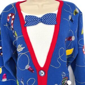Jolly Sweaters Ugly Christmas Sweater Sequins Bowtie Embroidered Blue Unisex LG